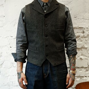 秋冬新款美式黑帮复古人字纹羊毛背心重磅粗花呢咔叽猎装工装马甲