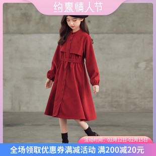 女童桔梗森系复古灯芯绒连衣裙2022春秋洋气长裙大童红色公主裙子