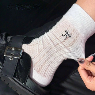 miu系蝴蝶结堆堆袜子女夏季 ins潮网眼透气吸汗棉袜 薄款 中筒袜韩版