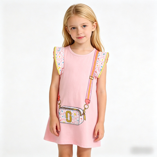 儿童夏季连衣裙女童夏季公主裙纯棉条纹卡通包包summer girldress