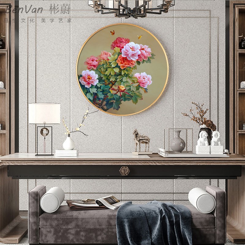 手绘轻奢花开富贵牡丹简约玄关圆形客厅花卉走廊油画餐厅装饰定做图片