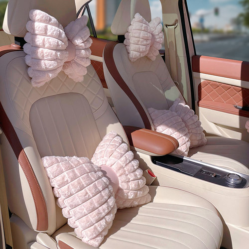 汽车头枕腰靠套装冬季毛绒可爱女士泡芙车用座椅靠枕护颈枕一对