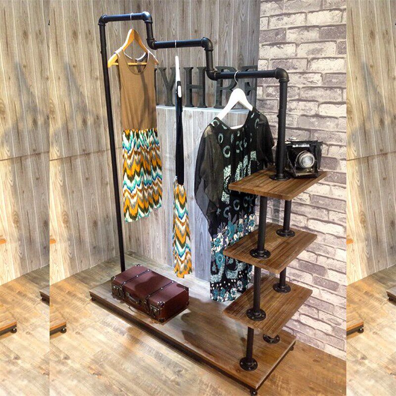复古实木铁艺服装展示架鞋包架挂衣架衣帽架服装店货架中岛架包邮