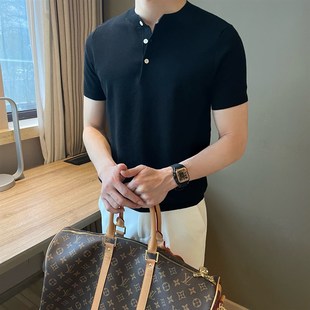 针织短袖 亨利领扣式 T恤蜂窝纹轻薄透气休闲套头轻熟毛衣 男士 夏季