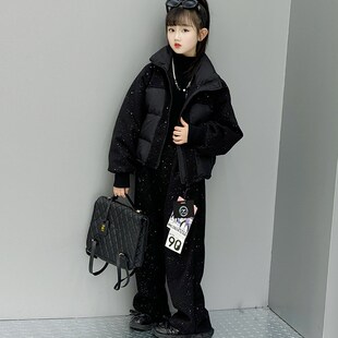 女童冬季棉衣套装童装新款毛呢拼接外套直筒裤两件套满天星短款袄