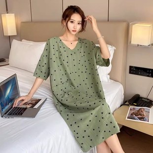 胖mm睡裙夏季女款大码纯棉短袖中长款泡泡棉睡衣宽松家居裙200斤