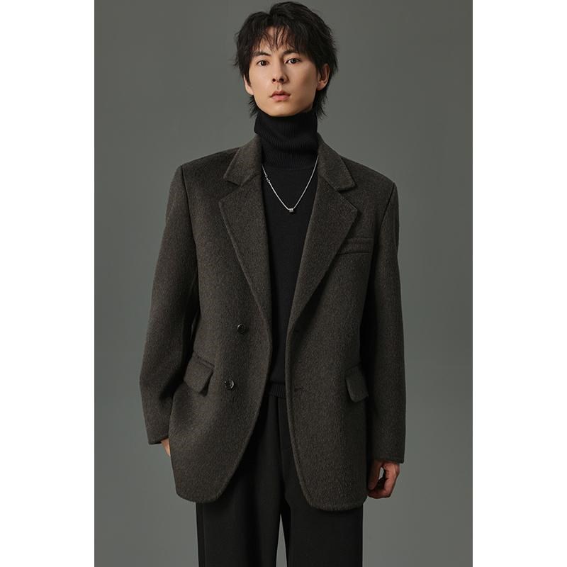 w2x2024秋冬季9重磅双面绵羊毛长毛休闲西装男宽松毛呢西服外套潮