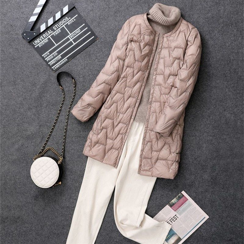 冬轻薄羽绒服女无领中长款圆领内胆内外穿修身妈妈装中老年人大码