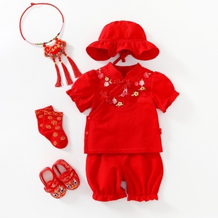 周岁礼服女宝夏季中式套装宝宝满月服红色唐装百天婴儿百岁岁衣服