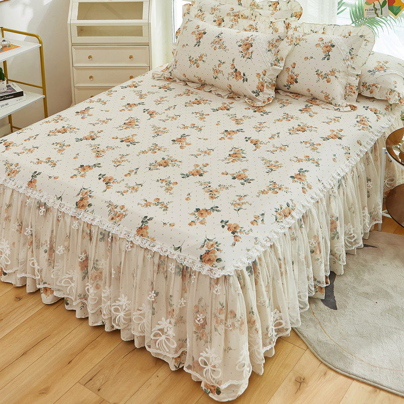 2023新款公主风全棉纯棉蕾丝小清新花边床裙式床罩单三四件套防滑
