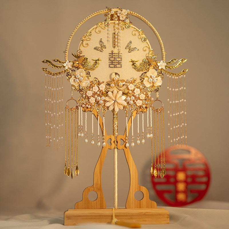 新娘中式婚礼礼物团扇香槟色结婚喜扇秀禾服扇手捧花扇DIY材料包