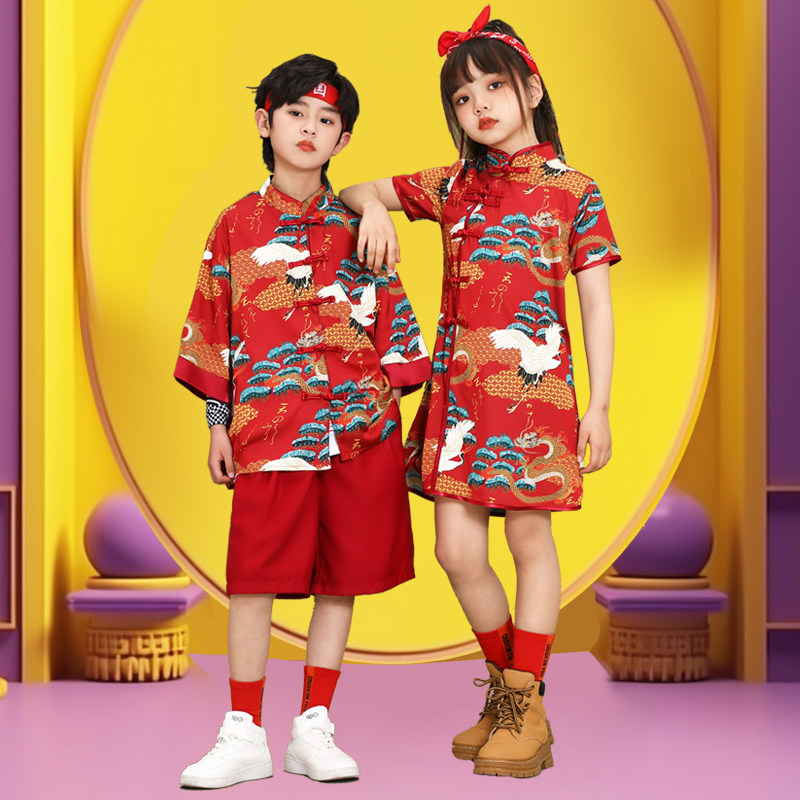 六一儿童啦啦队演出服男童中国风唐装国潮汉服女童啦啦操表演服装