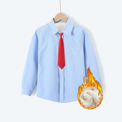 儿童衬衫男童加绒纯蓝色长袖小中大童学校表演出校服到底衬衣秋冬