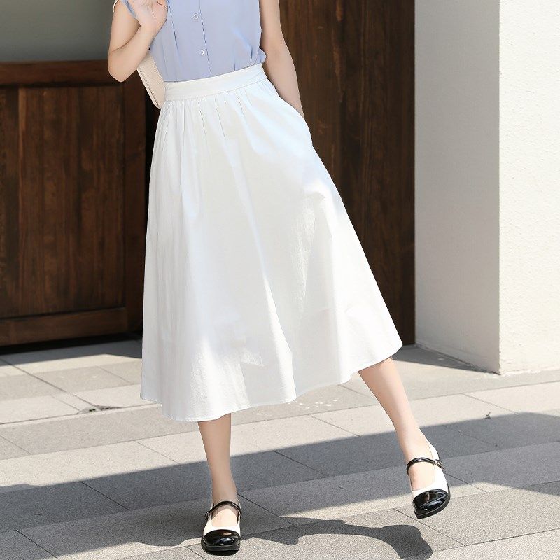 白色半身裙女夏季高腰松紧腰遮胯过膝大摆棉质西装A字中长蓬蓬裙