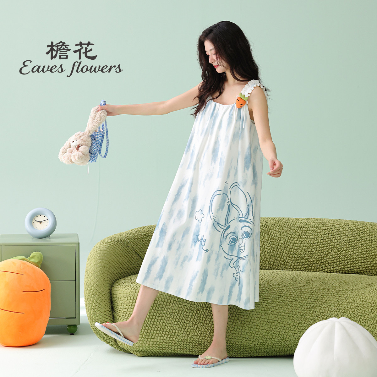 纯棉吊带睡裙女款夏季带胸垫睡衣女士夏天女生长裙可爱兔子长款夏
