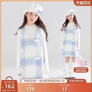 【雪国童话】毛绒蓝白格纹呢女童蝴蝶结背心裙冬季连衣裙舞台礼服