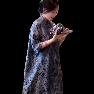 新中式复古国风青花瓷改良旗袍裙大码胖mm宽松显瘦长款衬衫上衣女