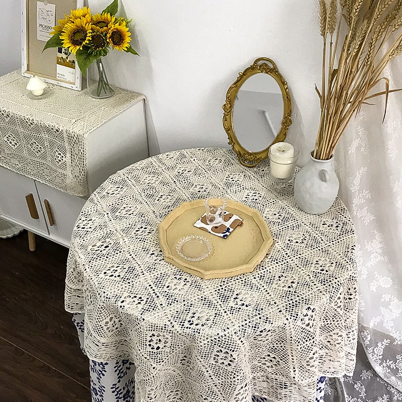简约田园复古手工钩针蕾丝镂空盖巾桌布钩花台布拍摄道具背景布