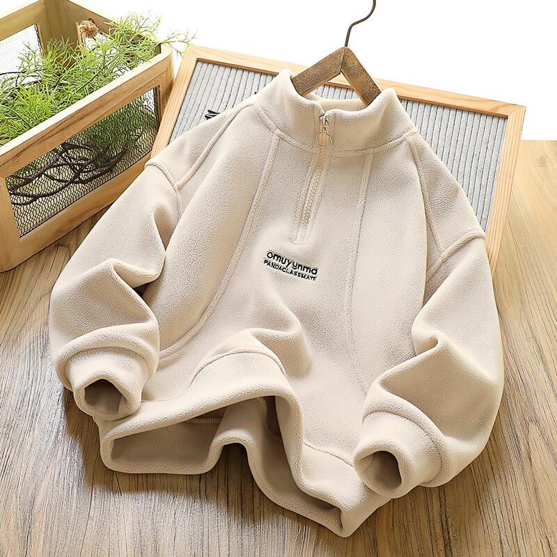 男童加绒卫衣秋冬2024新款儿童立领半拉链上衣中大童双面绒保暖衣