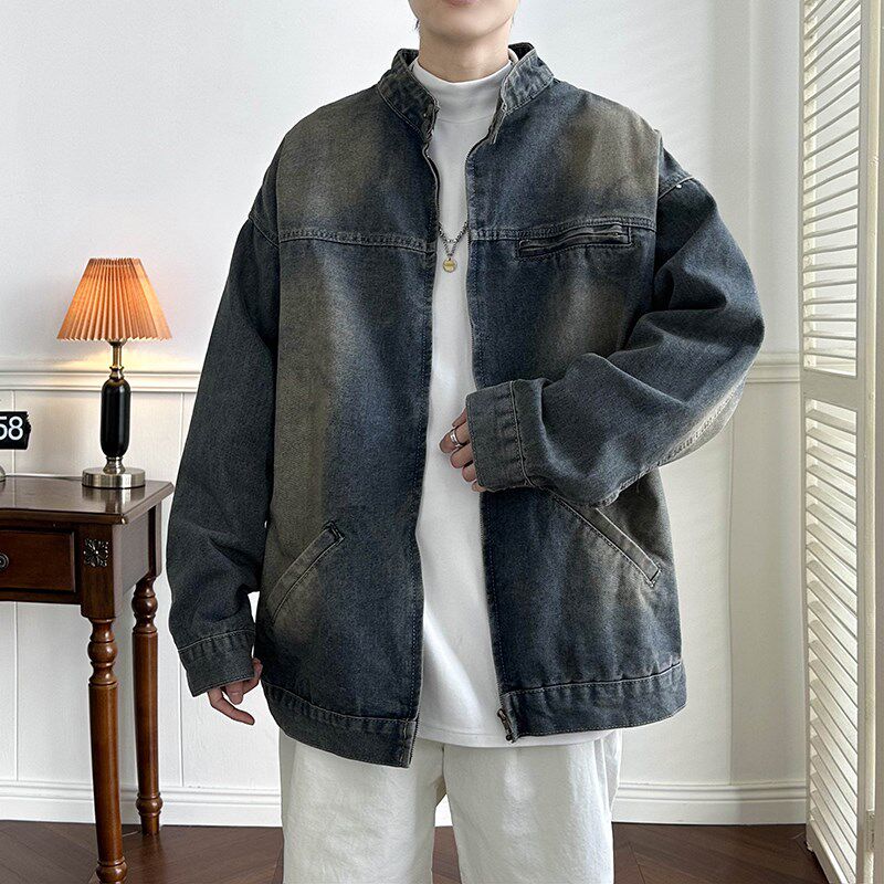 复古水洗做旧立领牛仔外套男女春秋季高级感宽松拉链工装夹克上衣