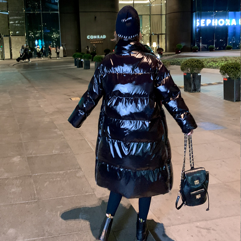 黑色亮面显瘦羽绒棉服女中长款加厚棉衣冬季侧拉链宽松面包服外套