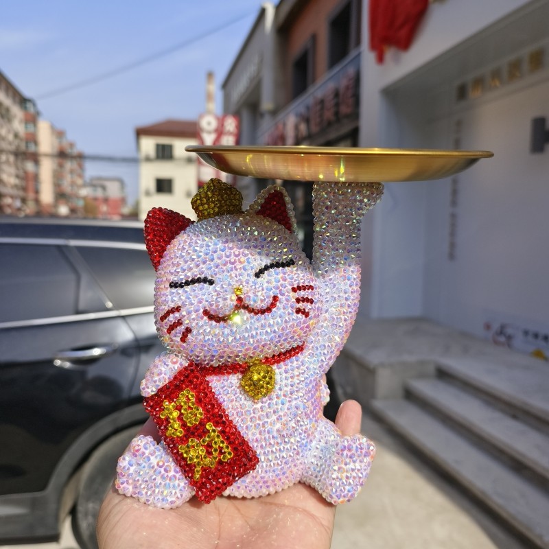 托盘贴钻招财猫玄关钥匙收纳摆件客厅酒柜电视柜家居装饰品乔迁图片