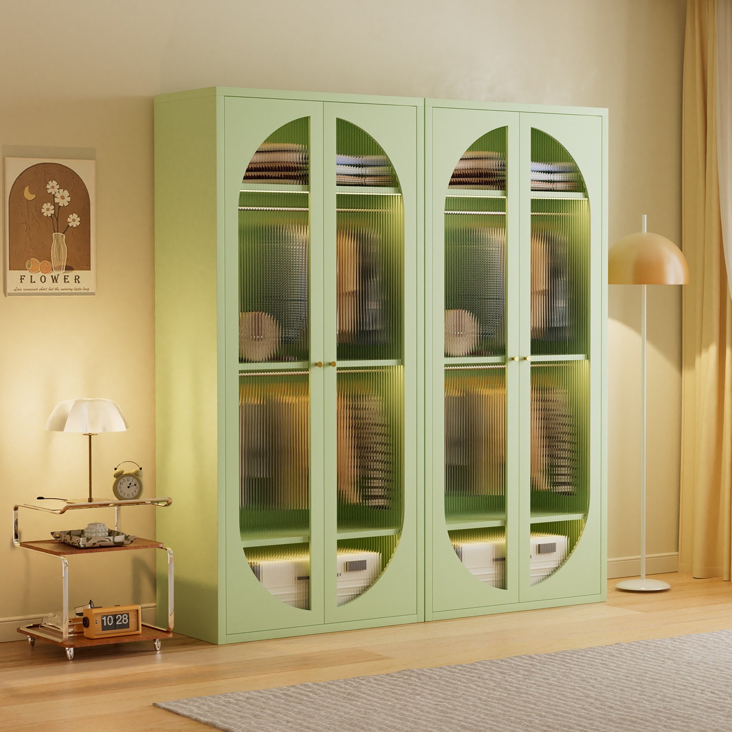 法式奶油风衣柜长虹玻璃无甲醛铁皮儿童衣橱家用卧室大容量储物柜,住宅家具,自由组合衣柜,淘宝优惠券,粉丝福利购,淘宝优惠卷