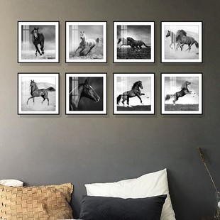 现代黑白装 饰画骏马图壁画办公室挂画走廊过道饭厅卧室画