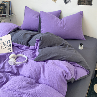 博风纯色水洗棉裸睡四件被床笠款 单人床上宿舍三件