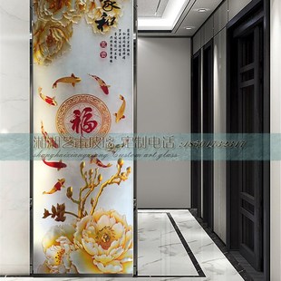 定制入户客厅屏风钢化超白雕刻艺术玻璃中式 风玄关隔断家和万事兴