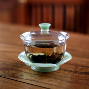 高档绿玉色荷叶盖碗170ml手抓壶单个泡茶杯 耐高温玻璃三才敬茶碗