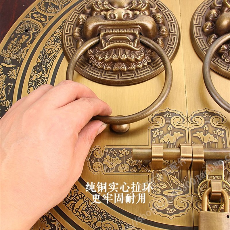 仿古纯黄铜兽头门环大木门门栓拉手把手四合院麒麟狮子头拉环插销