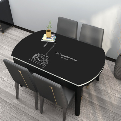 皮革椭圆形桌垫现代简约手绘多肉黑色椭圆折叠桌防水防油餐桌垫厚