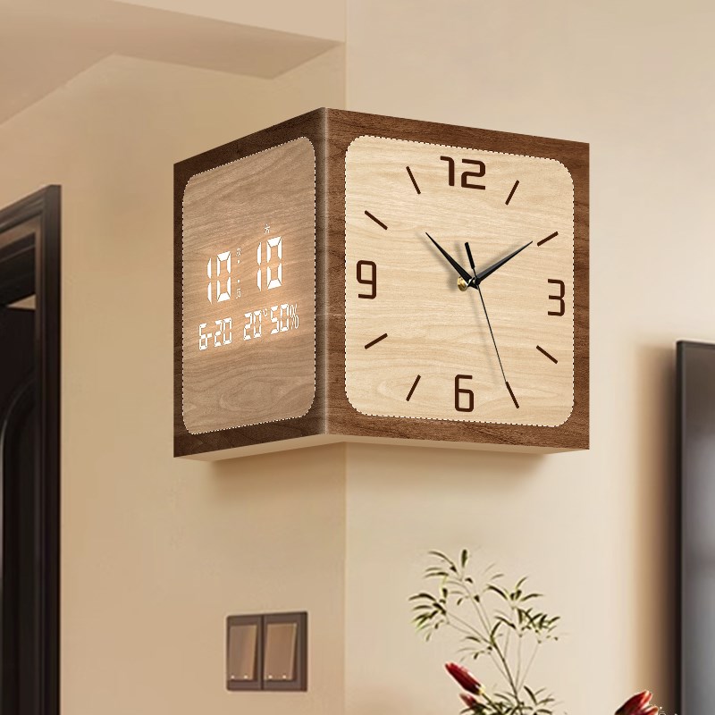 20新款转角双面挂钟中古风客厅阳角钟表极简创意数显电子钟挂墙