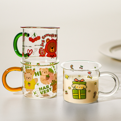 儿童牛奶杯早餐杯高硼硅玻璃可爱卡通宝宝奶杯可微波炉带把手水杯