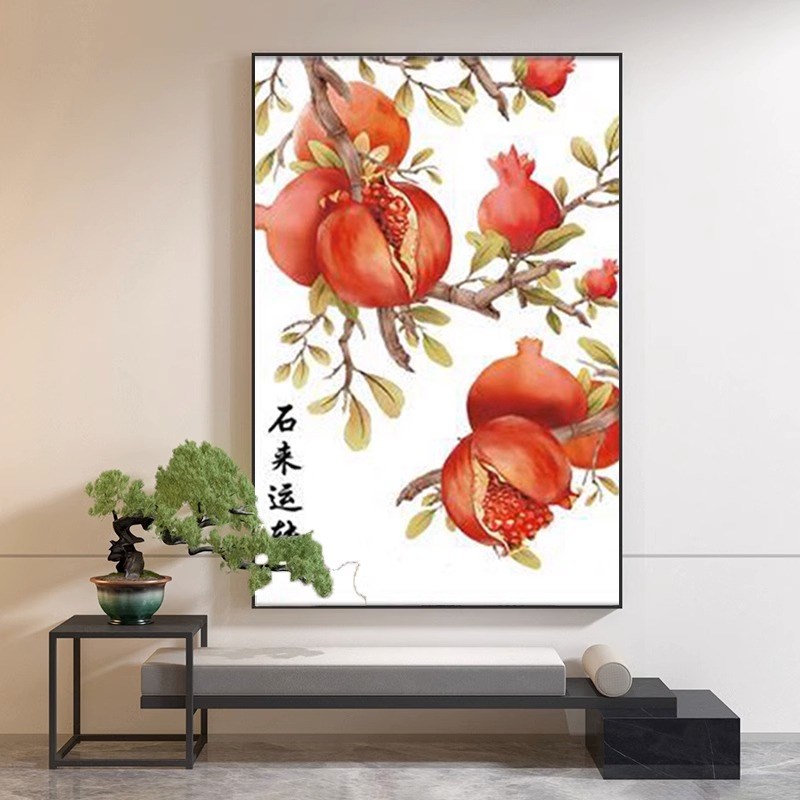 石榴花纯手绘油画新中式时来运转客厅玄关装饰画餐厅水果挂画红色图片