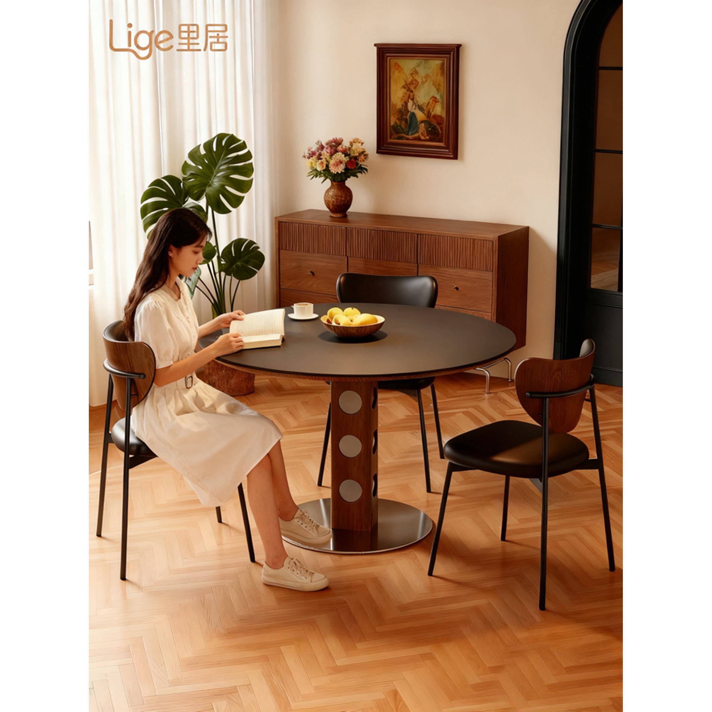 中古风伯格圆桌家用覆古圆形餐桌小户型包豪斯实木岩板饭桌椅组合