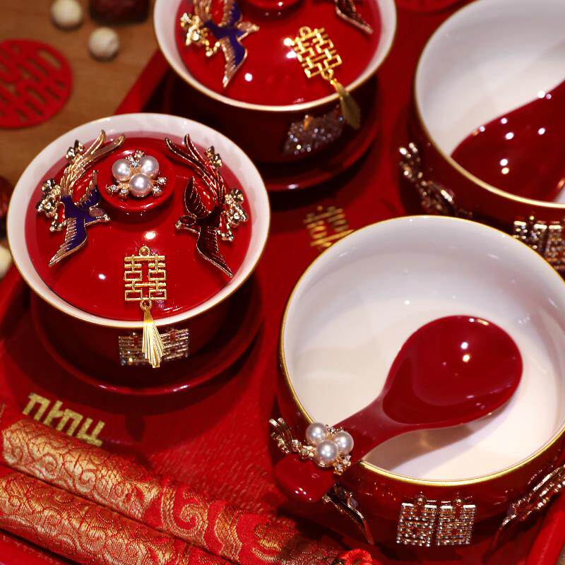 敬茶杯套装结婚用品大全婚礼改口茶具红碗筷女方陪嫁喜碗对碗杯子