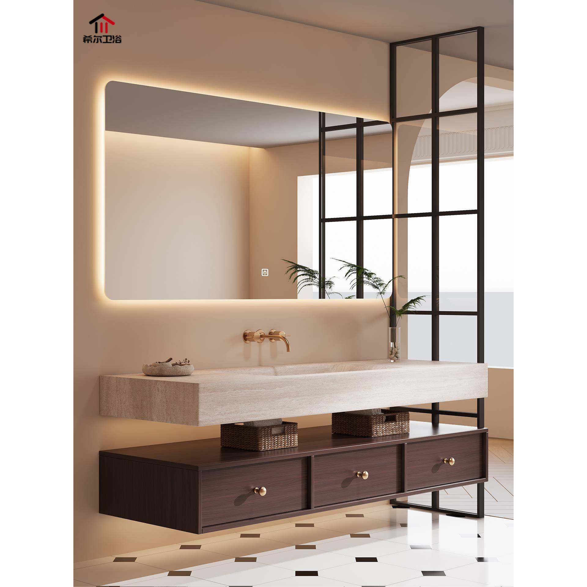 中古风岩板热弯一体盆浴室柜组合卫生间双层洗漱台洗脸池卫浴定制