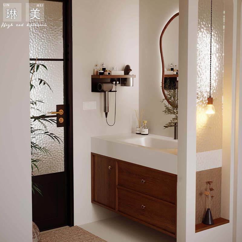 奶油中古风岩板热弯一体盆浴室柜组合骨骼线卫生间陶瓷洗漱台定制