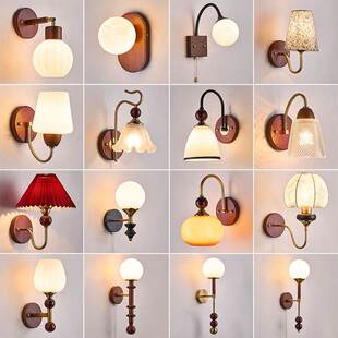 新款中式复古壁灯卧室床头灯创意原木中古风客厅走廊过道楼梯灯具