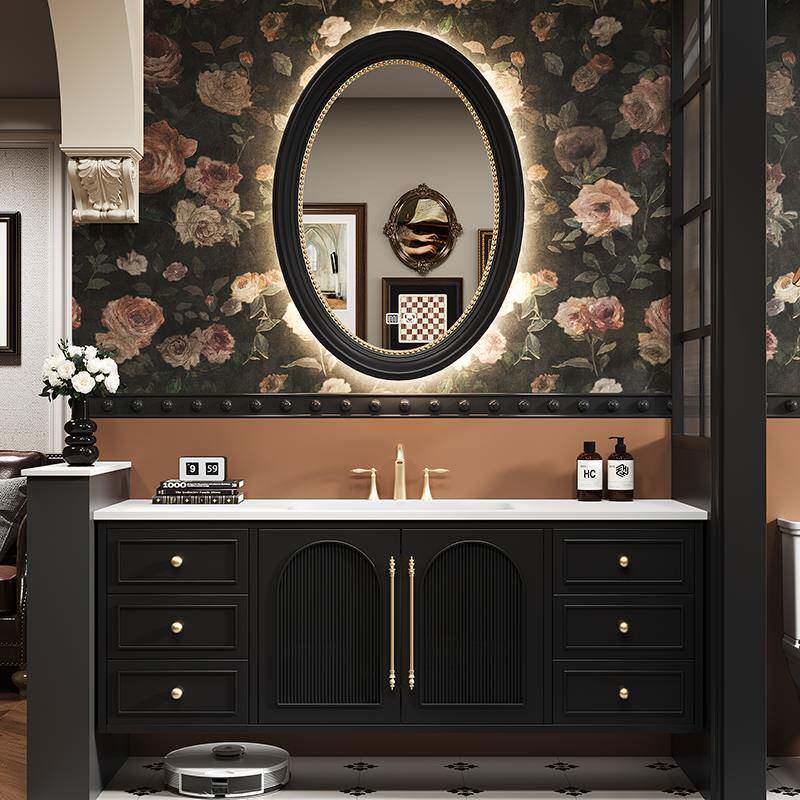 法式复古浴室柜洗漱台定制岩板热弯一体盆陶瓷卫生间洗手盆柜组合