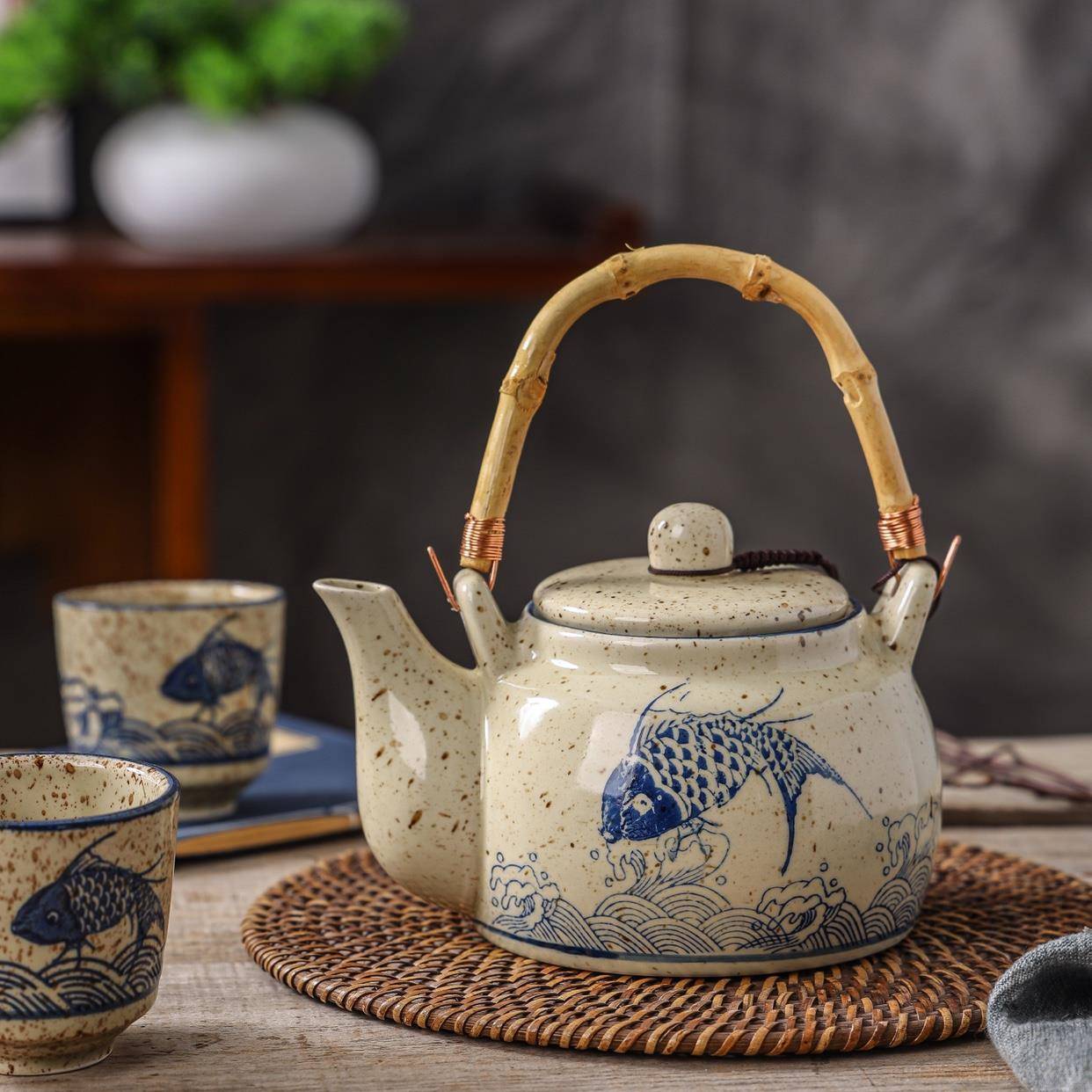 陶瓷茶壶耐高温开水壶老式提梁壶中式老茶壶水具套装饭店大号茶壶