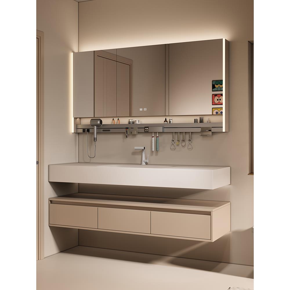 柏丽山ENF奶油风岩板热弯一体盆浴室柜组合洗漱台洗脸洗手盆定制