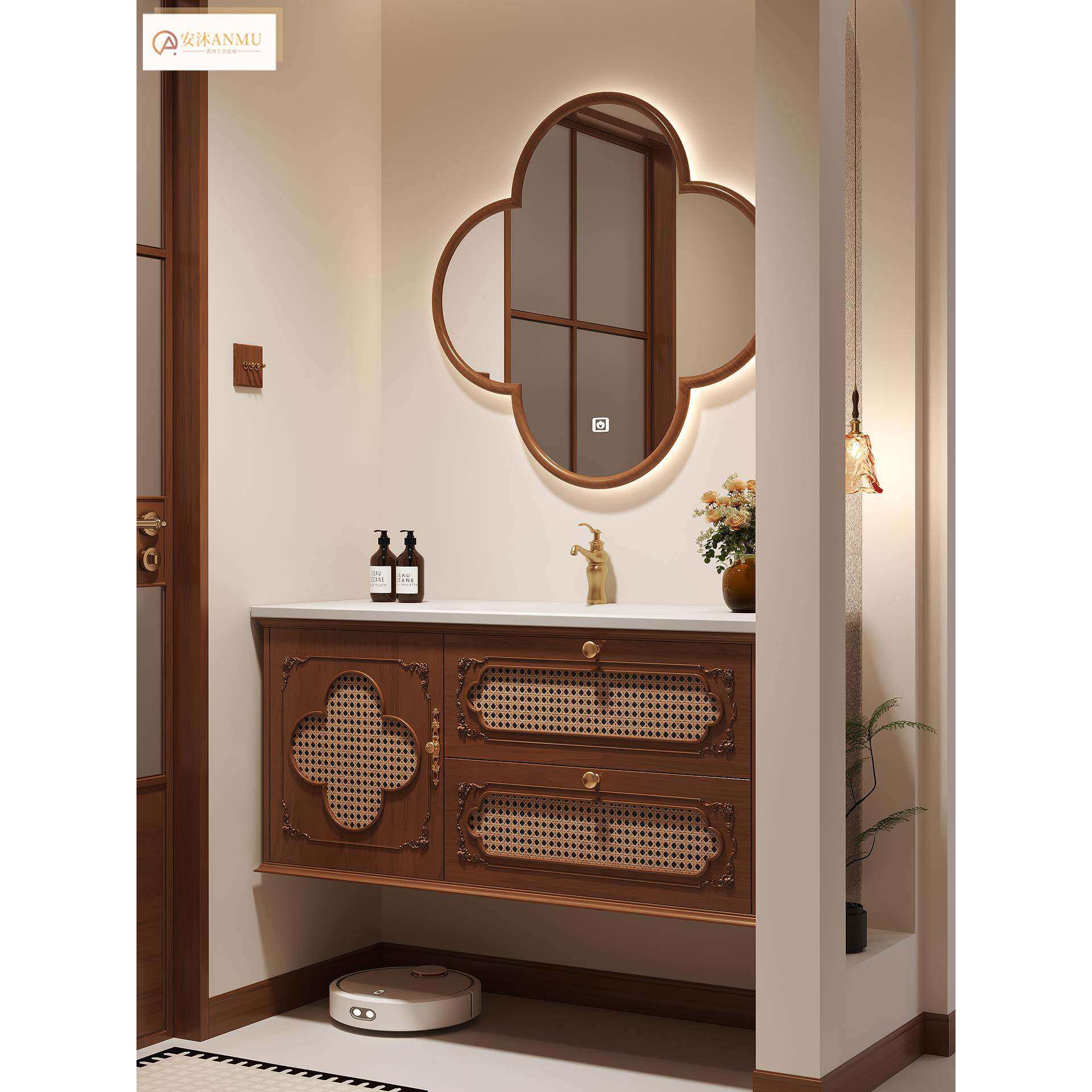 宋氏美学法式中古风梅花镜子岩板热弯一体盆浴室柜组合洗漱台定制
