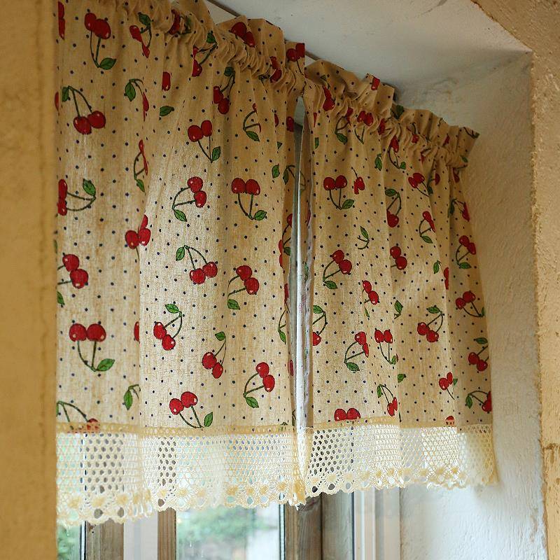 鸢尾乡旅美式乡村棉麻樱桃半帘门帘柜子帘厨房窗帘飘窗免打孔定制