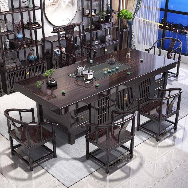 紫檀色大板茶桌椅组合办公室茶几客厅家用实木新中式茶台一桌五椅