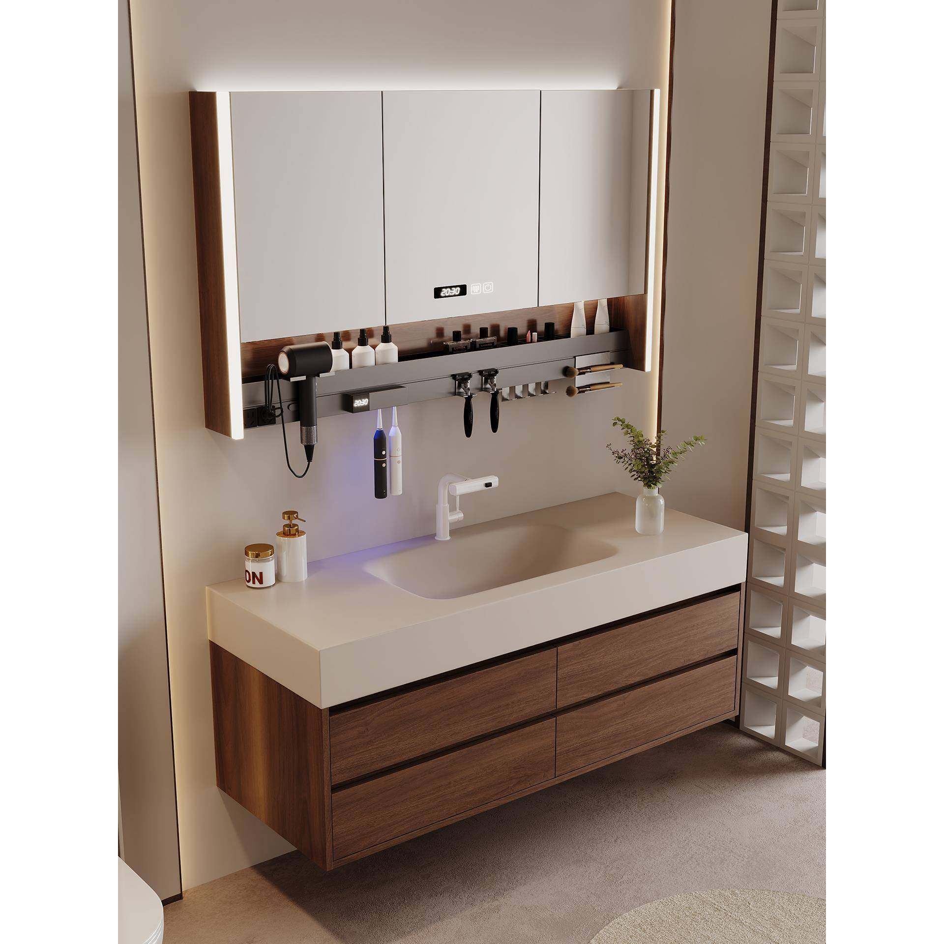 中古风胡桃木岩板热弯一体盆浴室柜组合卫生间洗手池洗脸盆洗漱台