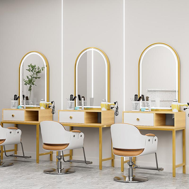 免打孔网红LED灯镜子理髲店镜台专用美容美发镜桌架一体工具台