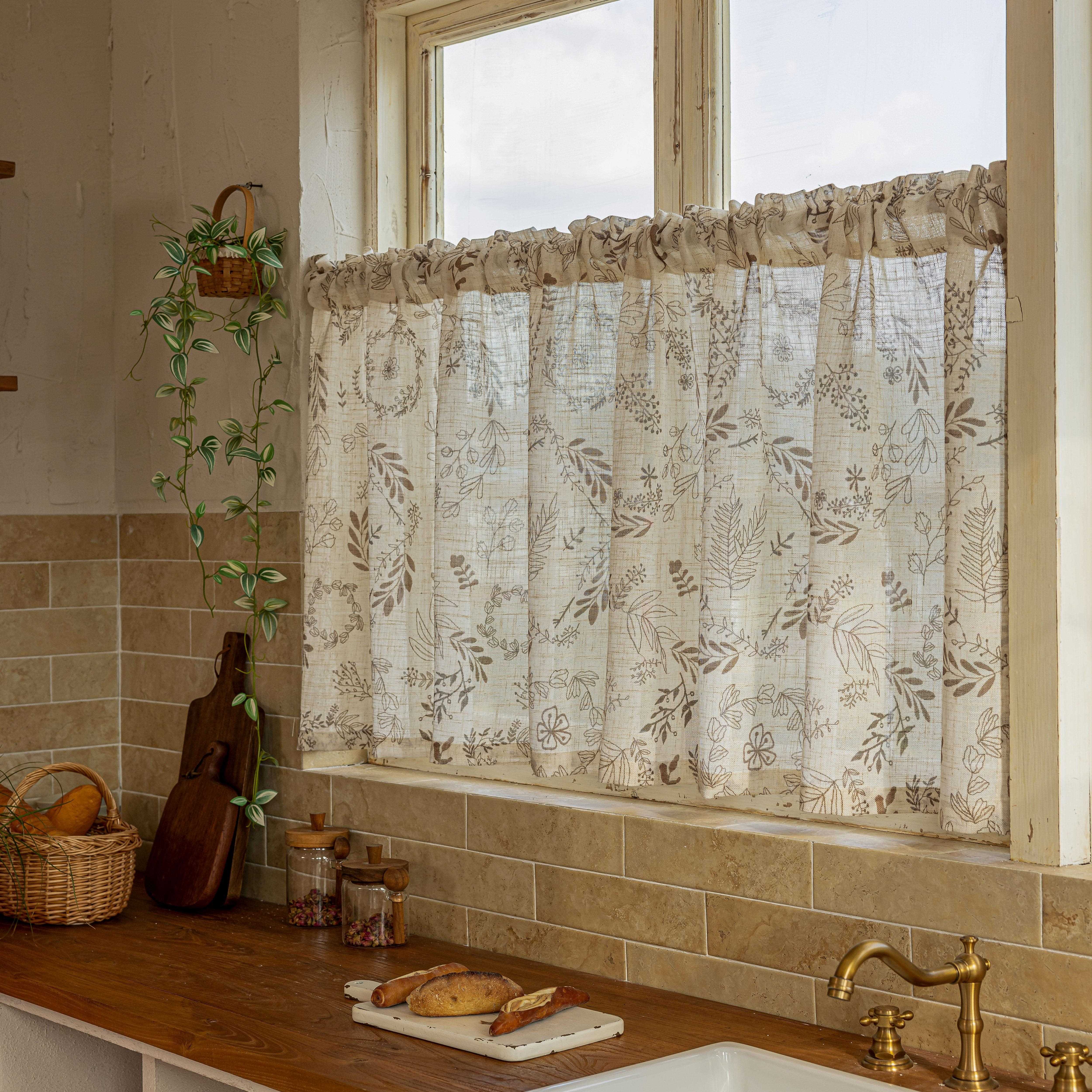 美式稻香客厅窗帘厨房半帘亚麻印花窗纱复古短帘柜门遮挡